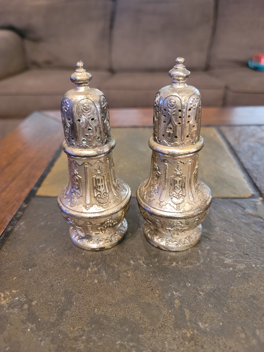 Decorative Silver-Tone Metal Salt and Pepper Shakers